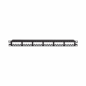 Panel de Parcheo Modular Mini-Com (Sin Conectores), Plano de Instalación al Ras, Sin Blindaje, de 24 puertos, 1UR  CPP24FMWBLY