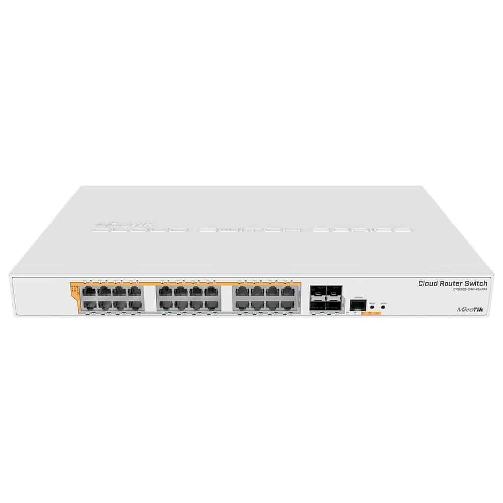 CRS328-24P-4S+RM, Switch PoE 24 EthGb, 4 SFP+, 500w, 802.3af/at y pasivo