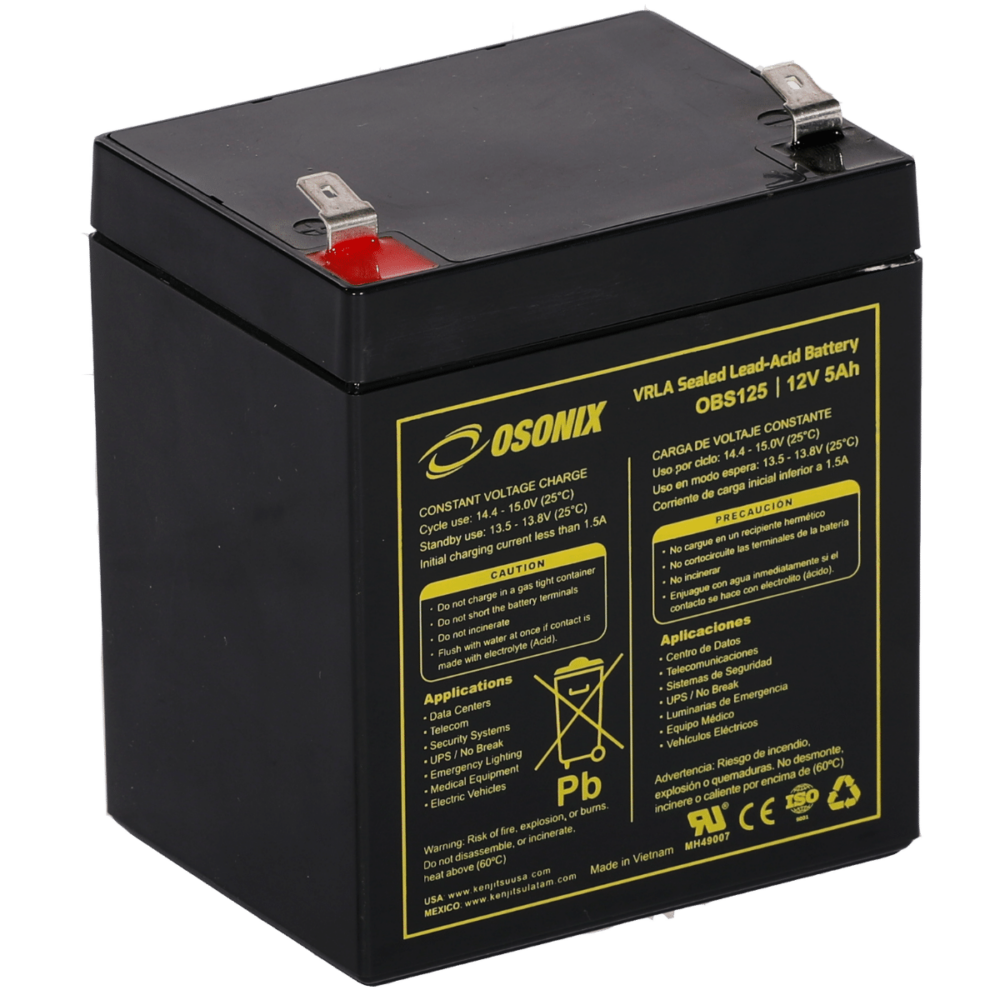 Batería VRLA 12V 5Ah de Plomo Puro con tecnología AGM de placa delgada. Sellada libre de mantenimiento. Garantía de 2 años  CAT: OBS125