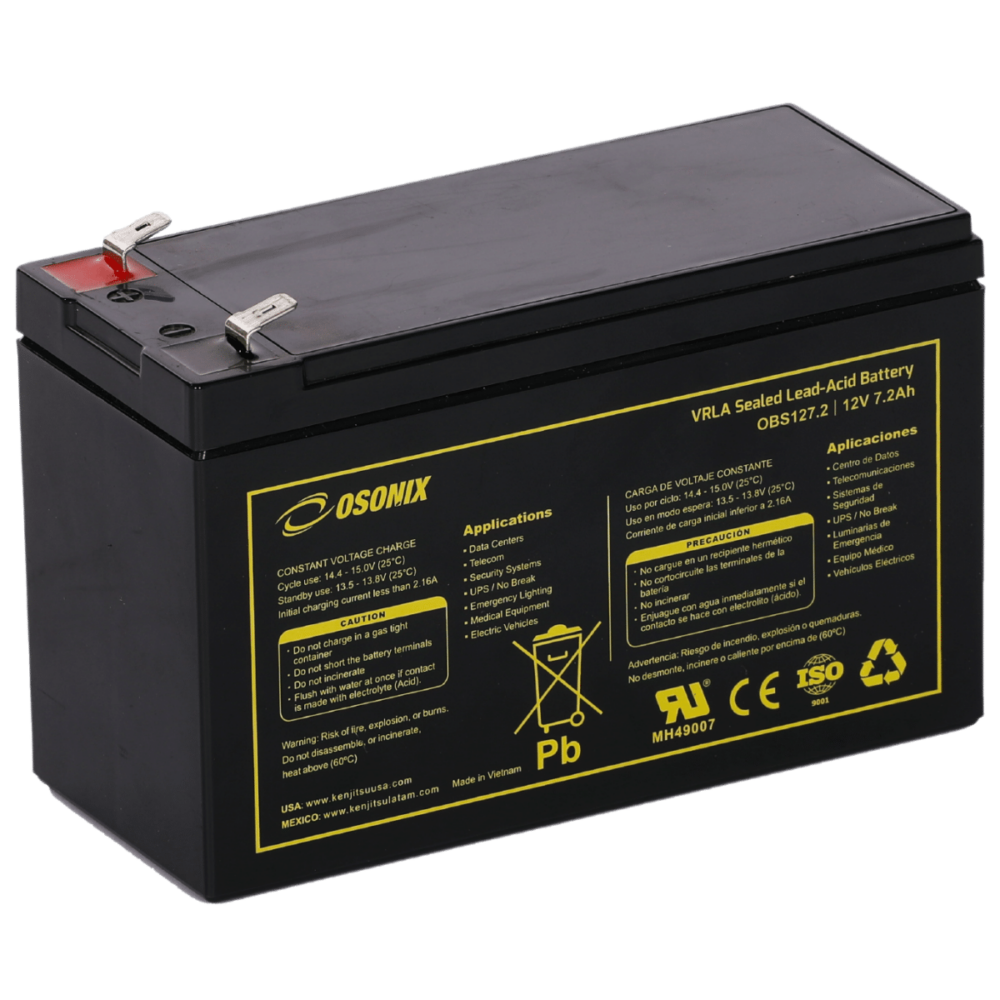 Batería VRLA 12V 7.2Ah de Plomo Puro con tecnología AGM de placa delgada. Sellada libre de mantenimiento. Garantía de 2 años  CAT: OBS127.2
