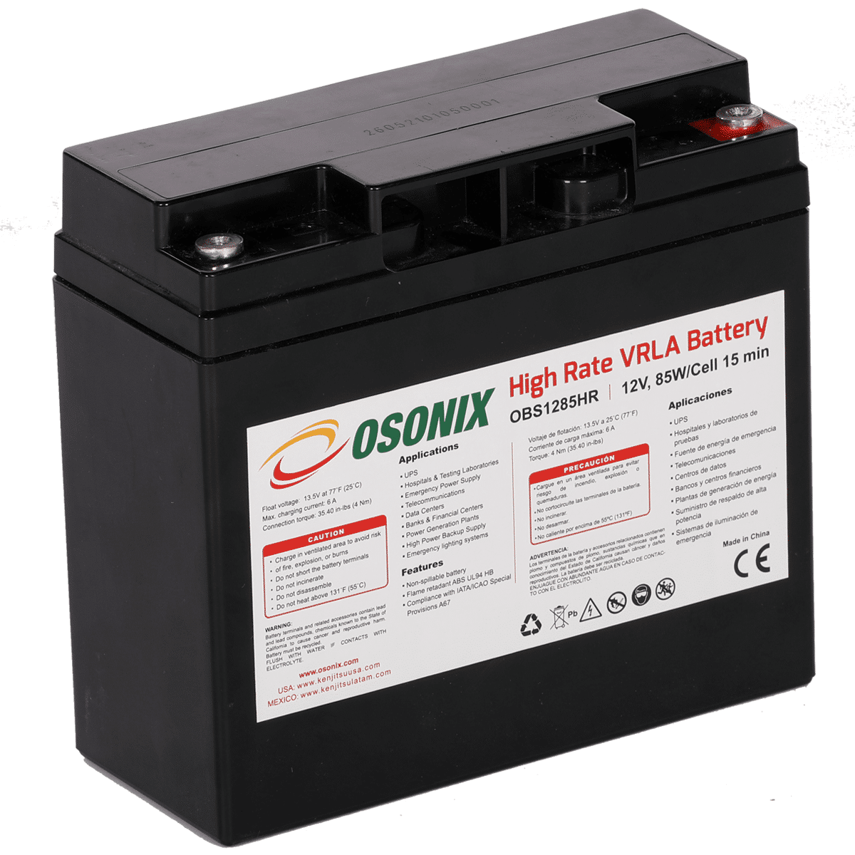 Batería High Rate 12V 19.2Ah (85W 15min 1.67/celda) incorpora tecnología avanzada VRLA y AGM diseñada para el mayor rendimiento y tiempo de vida. Garantía de 3 años.  CAT: OBS1285HR