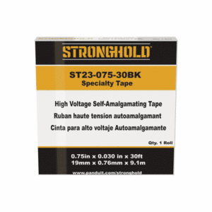 Cinta Eléctrica STRONGHOLD para Aislar de Caucho EPR, Autofusionable, Uso Industrial en Uniones de Alto Voltaje y Temperatura, Grosor 0.76mm (30 mil), Ancho 19mm, y 9.1m Largo, Color Negro. Superior a cintas Super 33  ST23-075-30BK