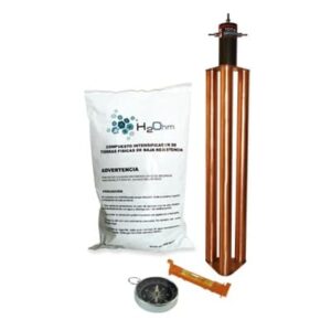 Kit de Puesta a Tierra de 100 Amperes con Electrodo, Filtro y Compuesto H2Ohm. El electrodo TG-100AB se utiliza para la puesta a tierra de:SITES de cómputo.