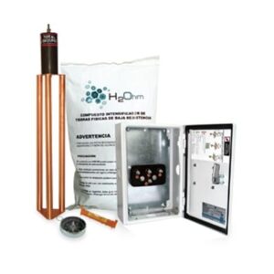 Kit Antivandalico de puesta a tierra de 45 A con Electrodo, Filtro, Acoplador y Compuesto H2Ohm. Su punto de unión a electrodos naturales permite aumentar el plano de tierras de la instalación